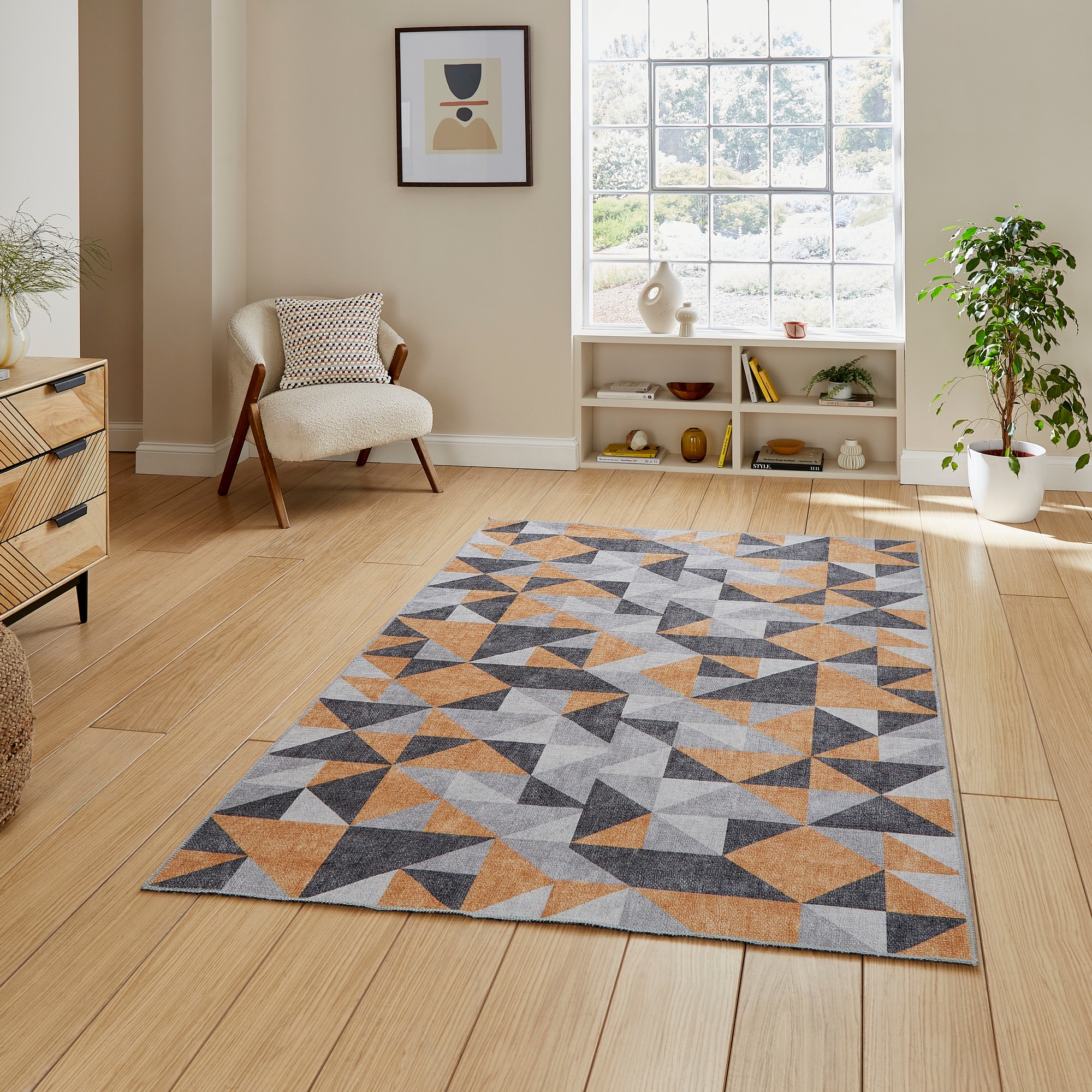 Coral H1057 Modern Washable Geometric Rugs In Yellow Grey